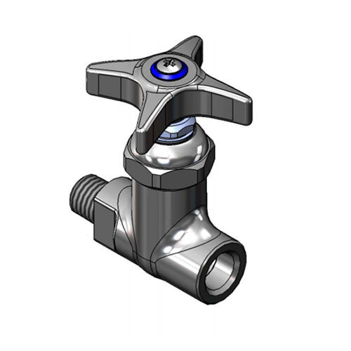 A silver metal T&S cold water valve with a blue circle handle.