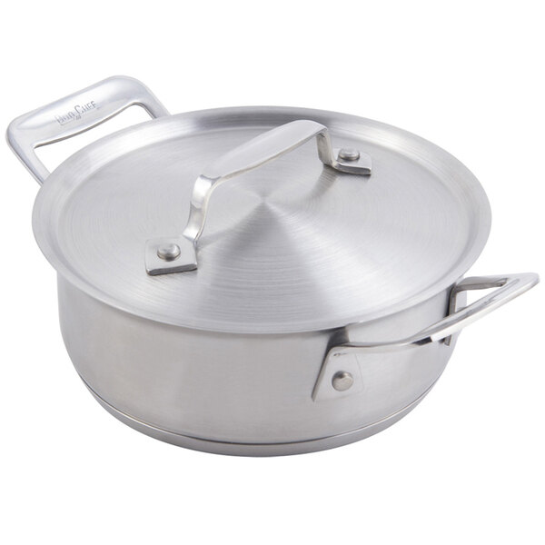A Bon Chef stainless steel round dish with a lid.