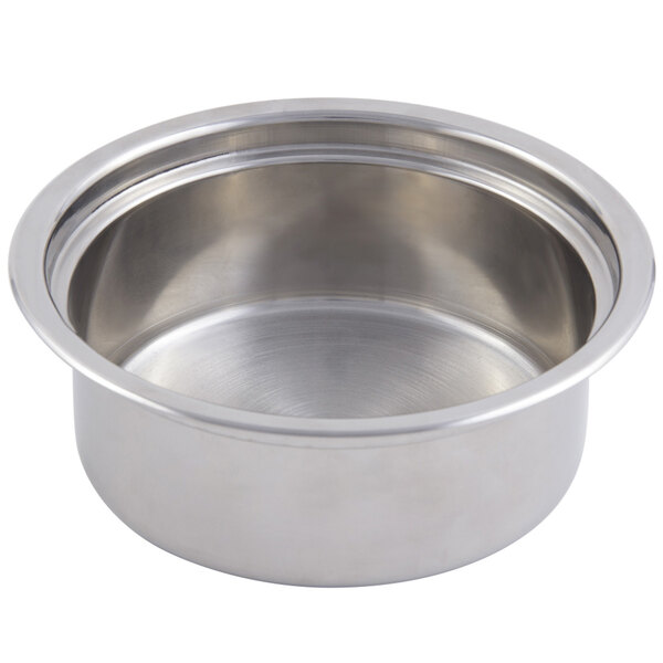 A stainless steel Bon Chef insert pan with a round rim.