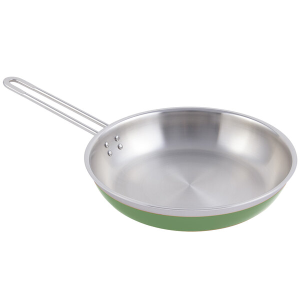 A green Bon Chef saute pan with a long handle.