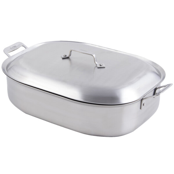 A silver metal Bon Chef Cucina French oven with lid.