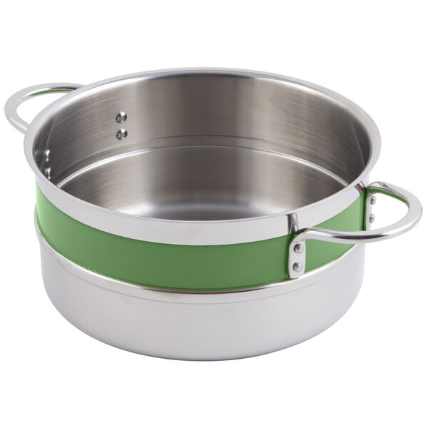 A Bon Chef stainless steel steam table pot with green handles.