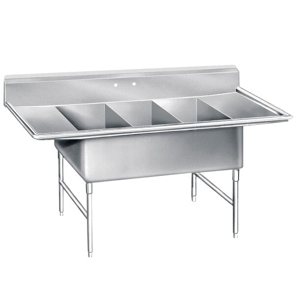 A stainless steel Advance Tabco three compartment sink with two drainboards.