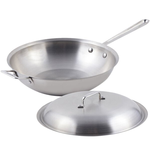 A Bon Chef stainless steel chef's pan with lid.