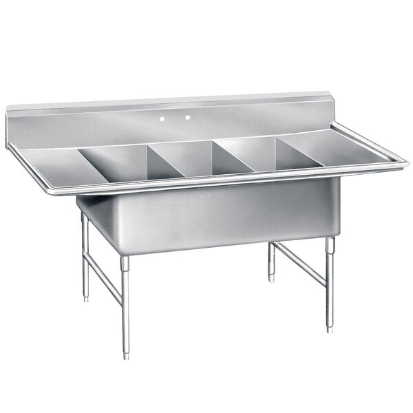 An Advance Tabco stainless steel three compartment sink with two drainboards.