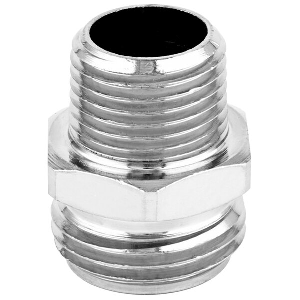 A T&S silver metal pipe adapter with threaded connections.