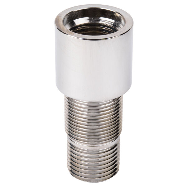 A chrome plated T&S nipple extension for a sink faucet with a nut on one end.