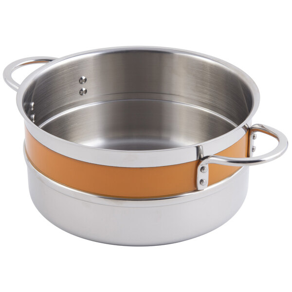 A Bon Chef stainless steel pot with orange handles.