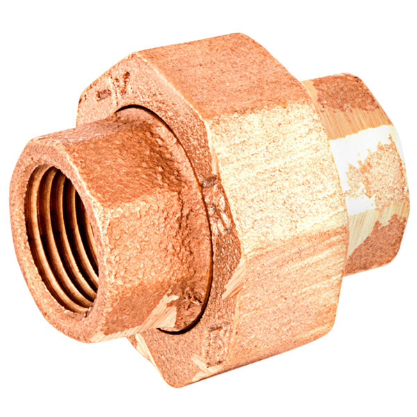 A close-up of a T&S copper faucet union nut.