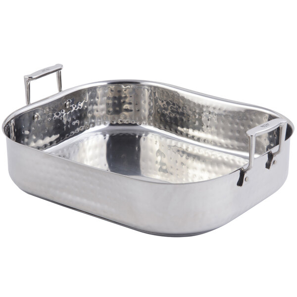 A silver rectangular Bon Chef roasting pan with handles.
