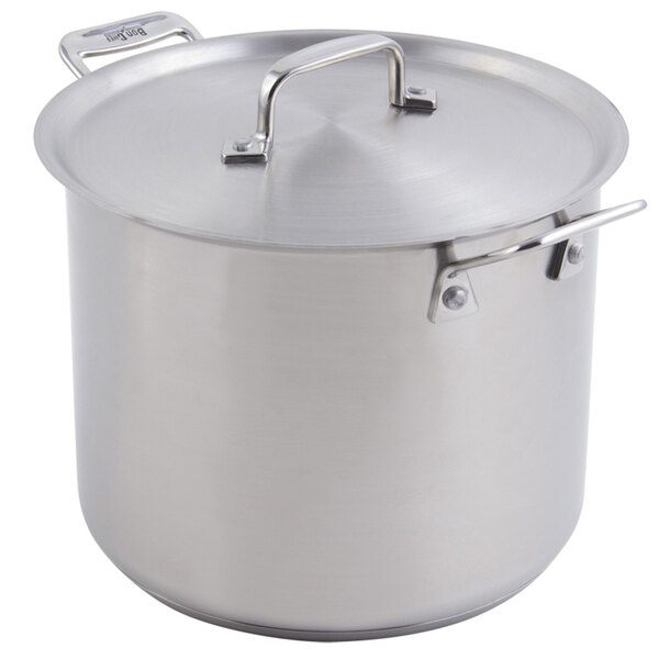 A Bon Chef stainless steel stock pot with a lid.