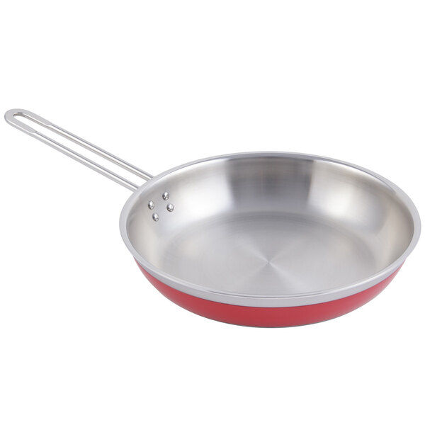 A Bon Chef red and stainless steel saute pan with a long handle.