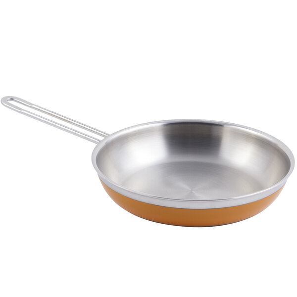 A Bon Chef stainless steel saute pan with a long handle.