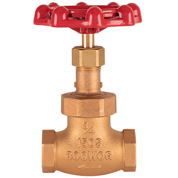 A T&S brass globe valve with a red handle.
