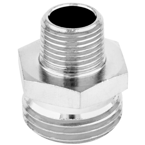 A chrome plated silver metal T&S coupling with a black center and 3/4" NPT female connections.