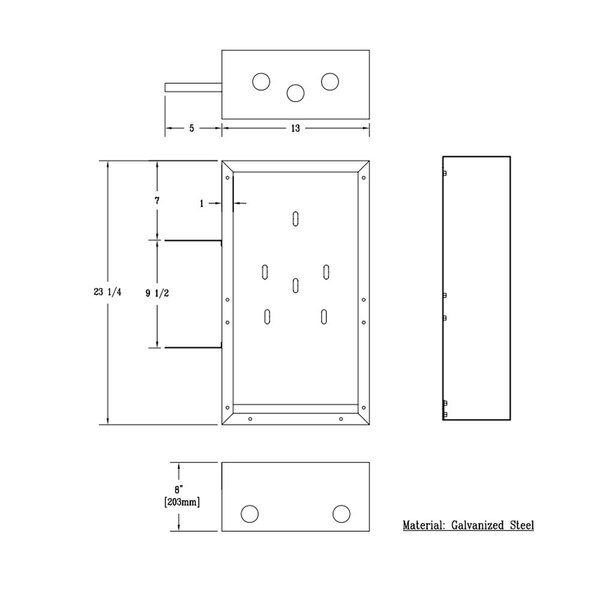A drawing of a white rectangular galvanized steel faucet cabinet with holes.