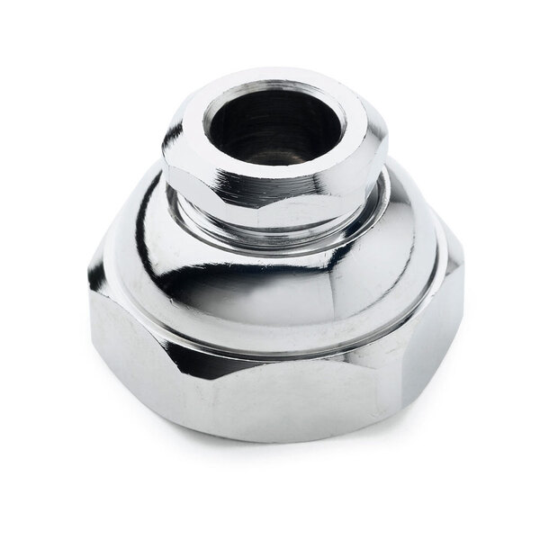 A close-up of a chrome-plated metal nut on a white background.