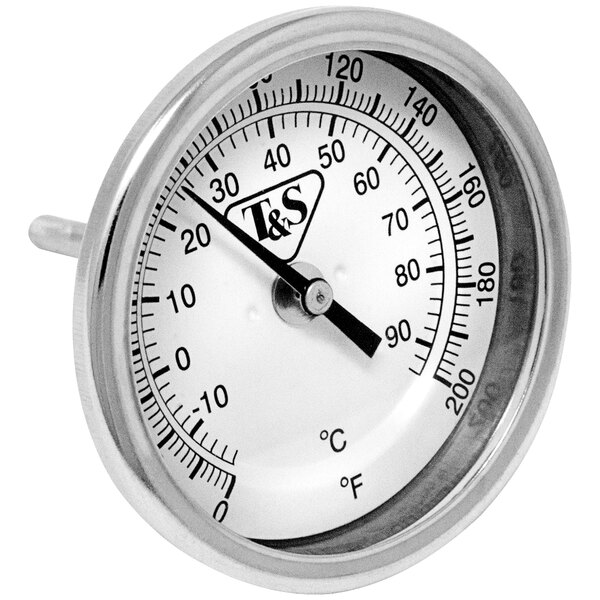 A close-up of a T&S thermometer with black numbers on a white background.