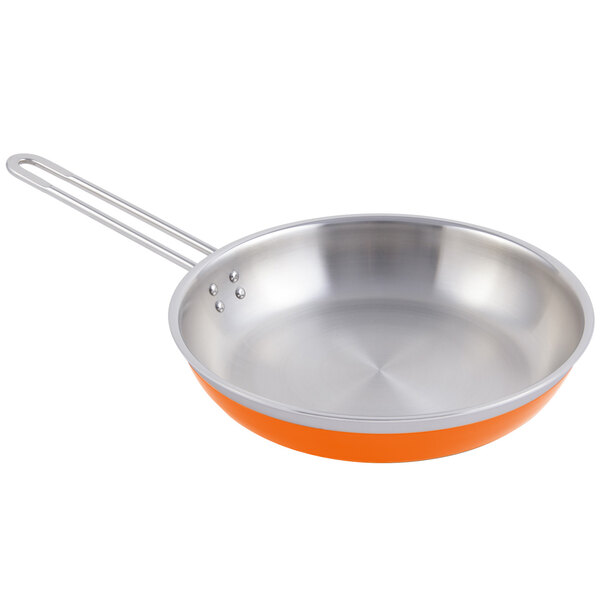 A Bon Chef stainless steel saute pan with an orange handle.
