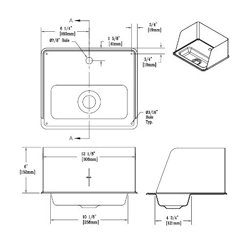 A drawing of a sink with a metal plate under the faucet.