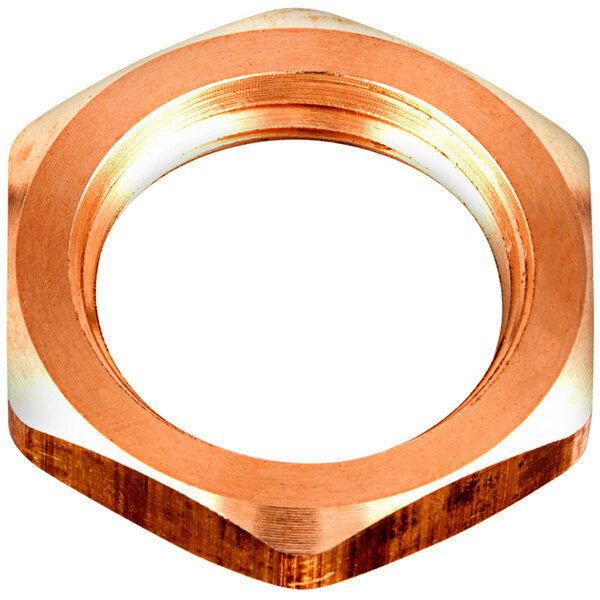 A brass hex lock nut with a hole in it.