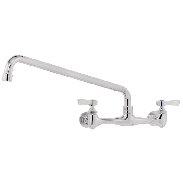 A white background close-up of a chrome Advance Tabco wall-mount faucet with two handles.
