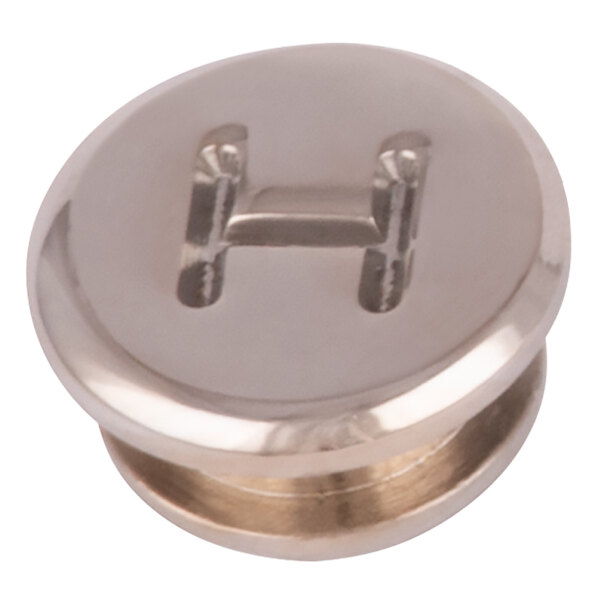 A silver metal T&S hot faucet cap insert with a letter 'H' on it.