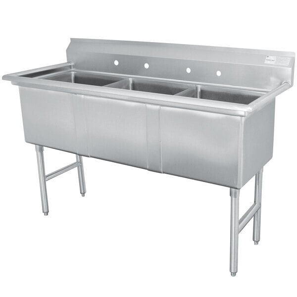 An Advance Tabco stainless steel three compartment commercial sink on a counter.