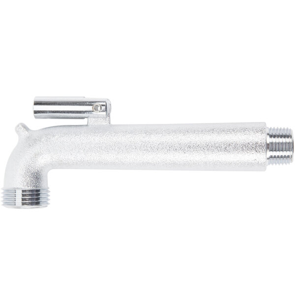 A T&S chrome nozzle assembly with a silver metal tube and handle with screws.