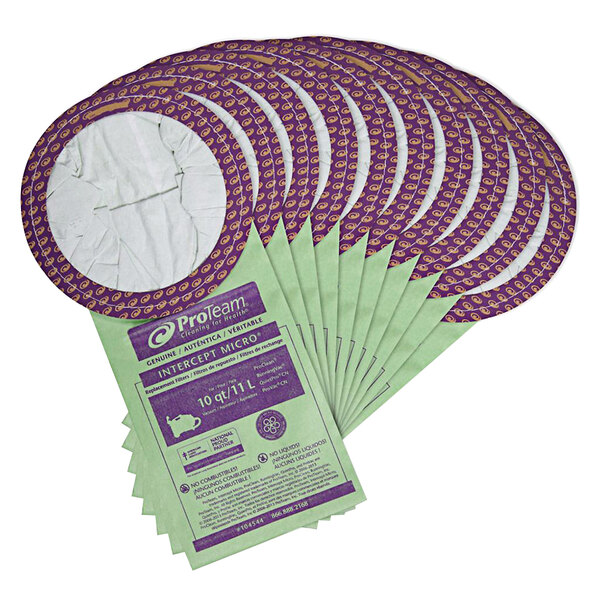 A stack of purple and green ProTeam Intercept vacuum bags.