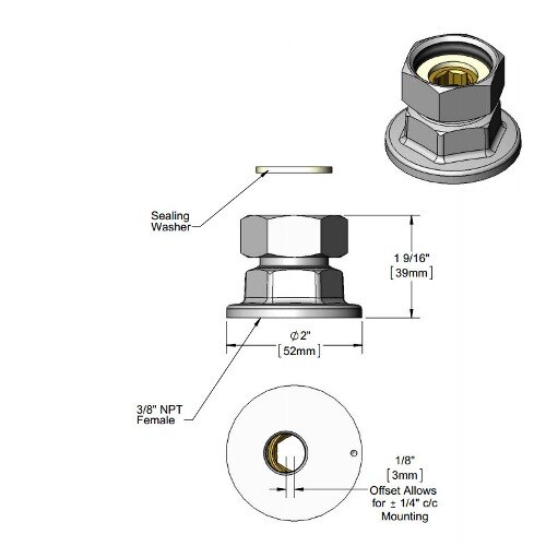A diagram of a T&S chrome faucet flange assembly nut with 3/8" NPT connections.