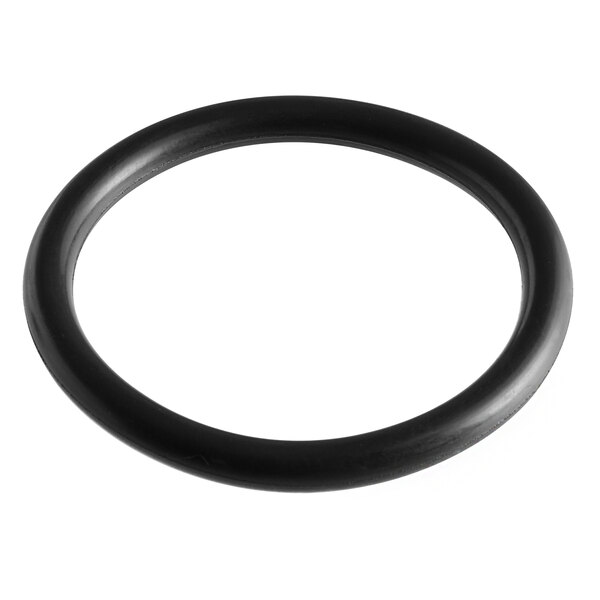 A black rubber O ring with a white background.
