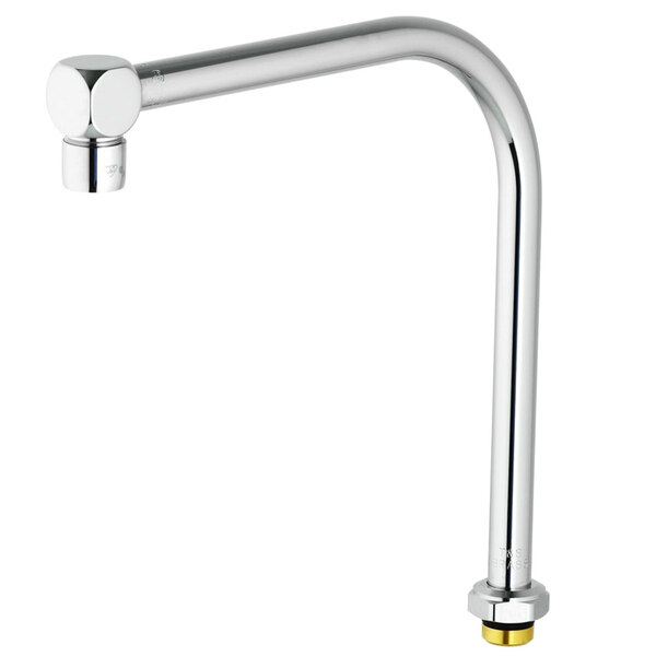 A silver gooseneck faucet assembly with a round head and a silver and gold aerator handle.