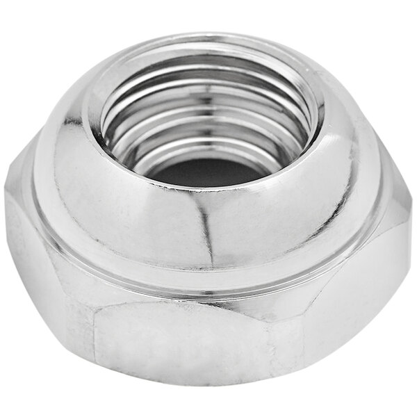 A silver T&S bonnet nut with a hex nut in the middle.