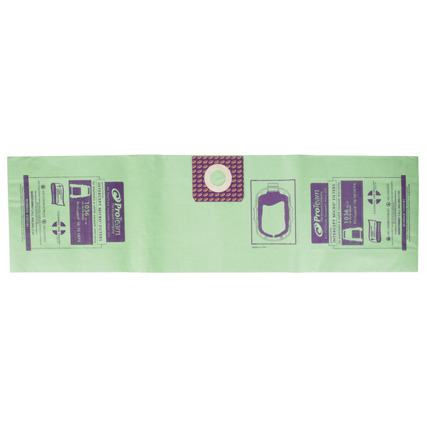 A green ProTeam Intercept vacuum bag with purple and green labels.