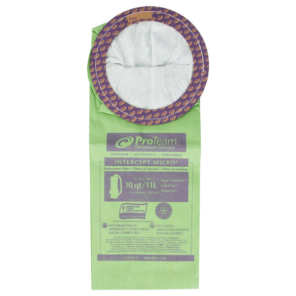 A round white and purple ProTeam vacuum bag with a round hole in it.