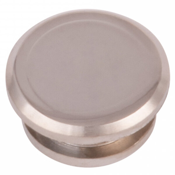 A chrome plated round object with a blank insert on a white background.