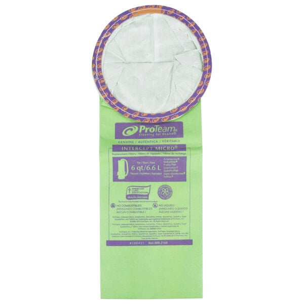 A green and purple ProTeam vacuum bag with purple trim.