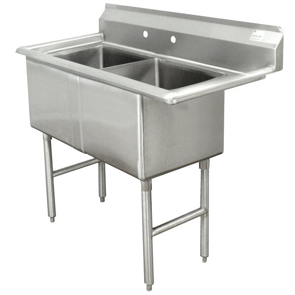 An Advance Tabco stainless steel commercial sink with two compartments.