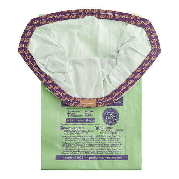 A green ProTeam vacuum bag with purple trim.