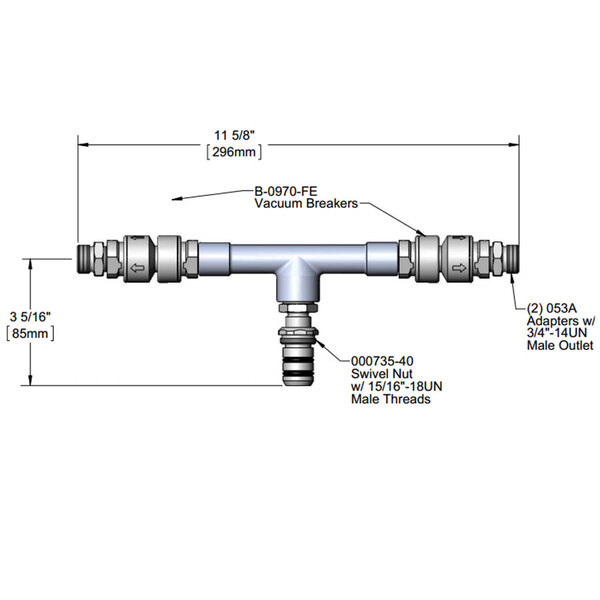 A diagram of a T&S tee swivel assembly with two vacuum breakers connecting to a pipe and water hose.