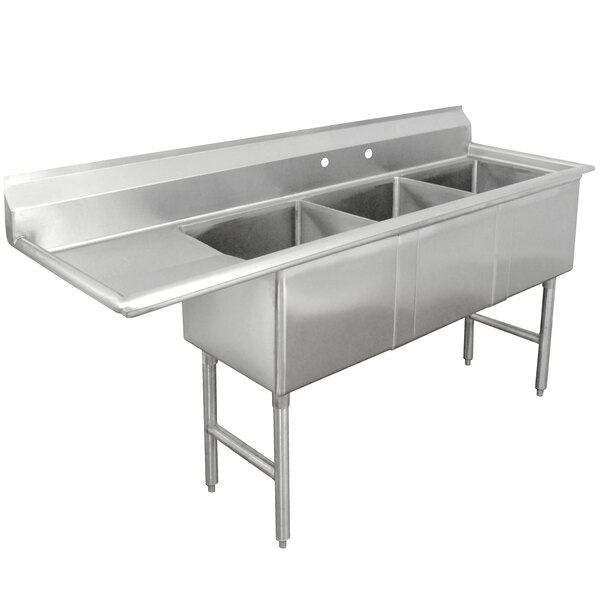 An Advance Tabco stainless steel three compartment sink with a left drainboard.