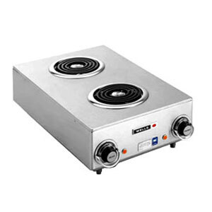 A silver rectangular Wells countertop electric hot plate with two burners.