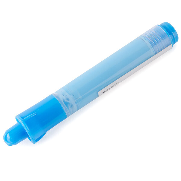 A Winco blue marker pen with a small plastic tip on a white background.