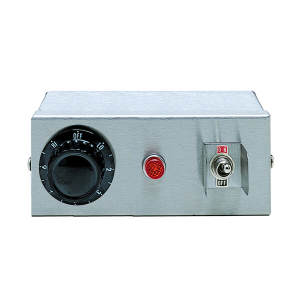 A silver APW Wyott remote control box with a red knob and light.