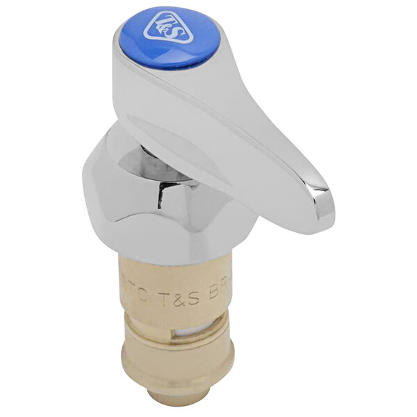 The blue and chrome T&S Cerama faucet cartridge with a blue button.