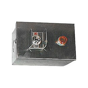A metal box with a red toggle switch and two red lights.