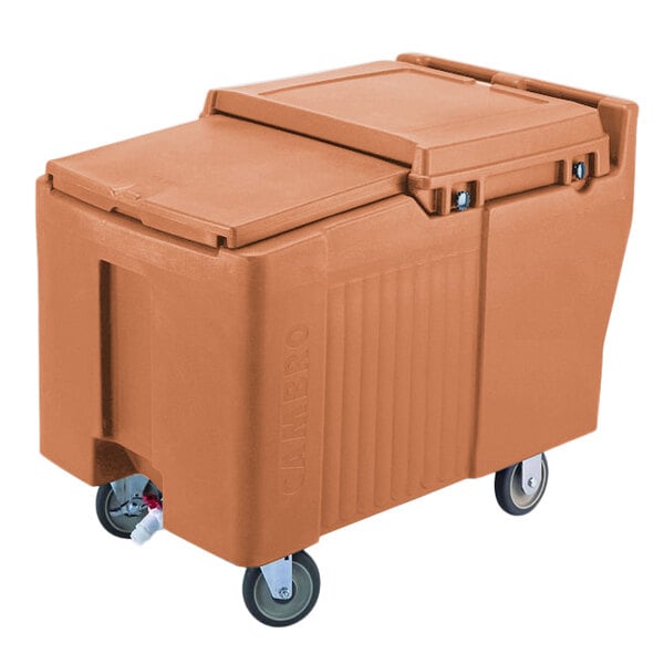 A large brown Cambro Mobile Ice Bin with wheels and a sliding lid.