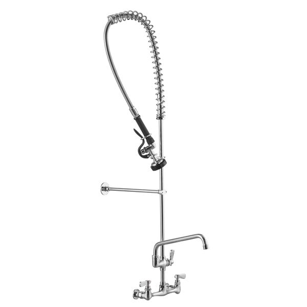 A chrome wall-mounted pre-rinse faucet with hose attachment.