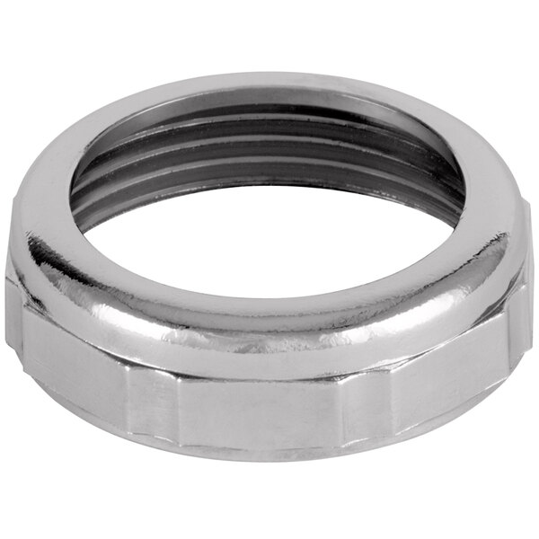 A silver stainless steel ring with a hole in the middle.